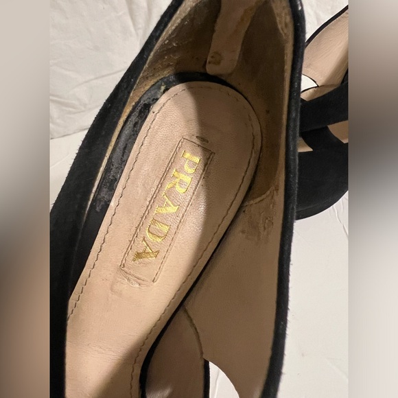 Prada Suede Sandals Black Cutout Accent Slingback Wedge Style Quality Leather - Picture 2 of 7